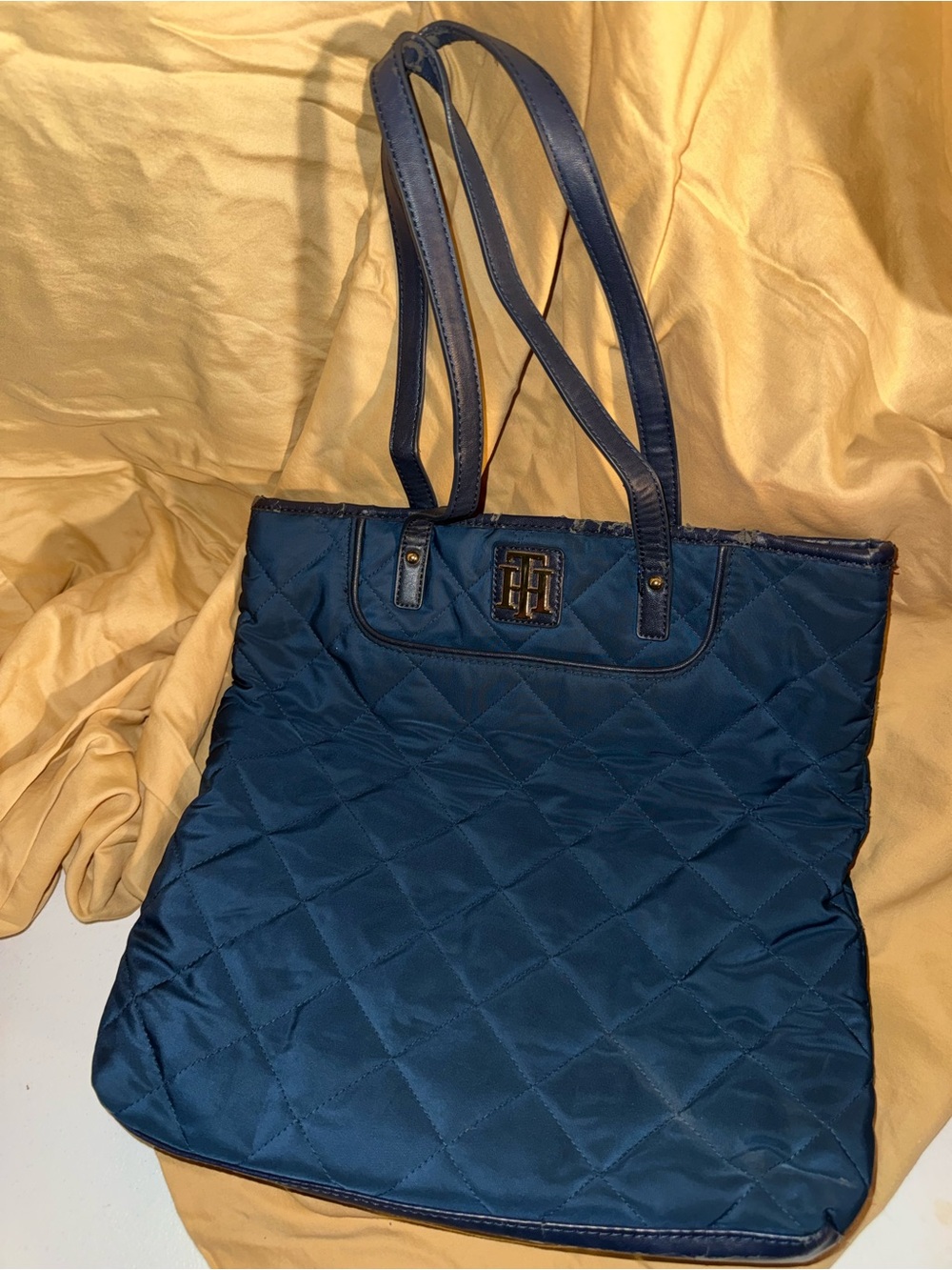 Tommy Hilfiger Quilted Navy Blue Tote with Logo Plaque